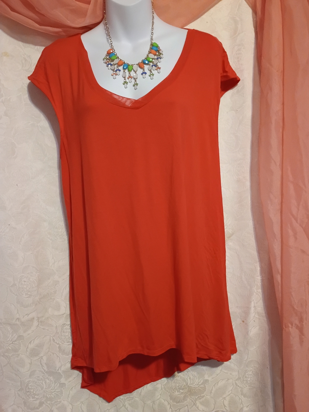 Cable & Gauge Women’s V-Neck Short Sleeve Tunic in Red/Orange Sz XL